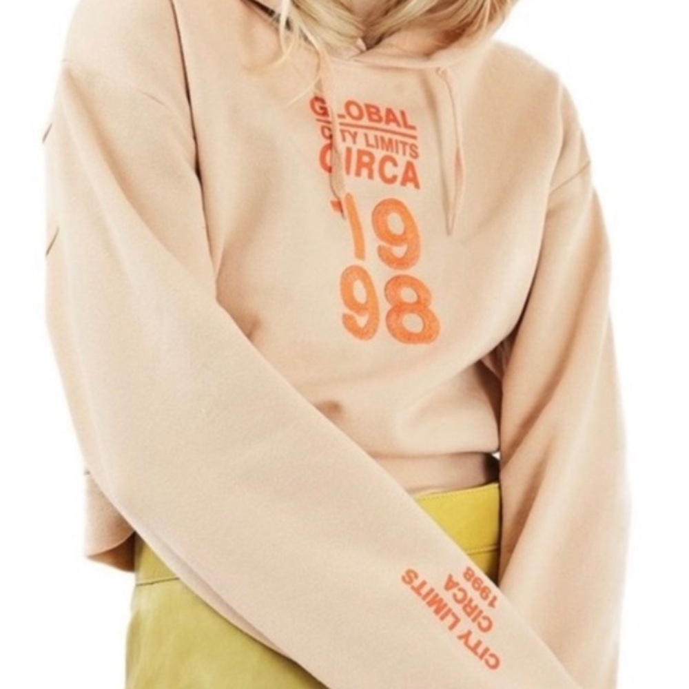 tan w/ orange writing hoodie